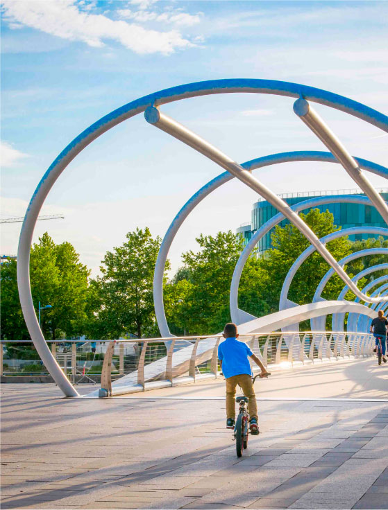 Biking across a bridge