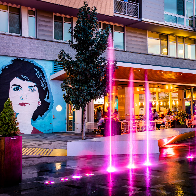 Plaza with art and fountains